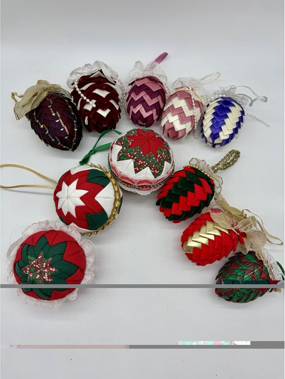 Vtg Handmade Quilted Fabric Christmas Ornament Lot of 12 Acorn Patchwork Granny
